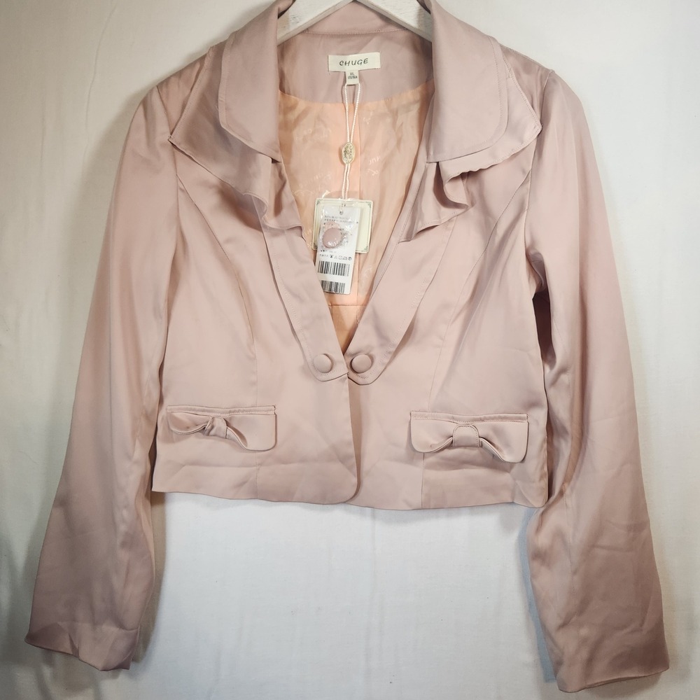 Chuge Pink Satin Cropped Blazer Ruffle Collar Bow Pockets Size XL NWT